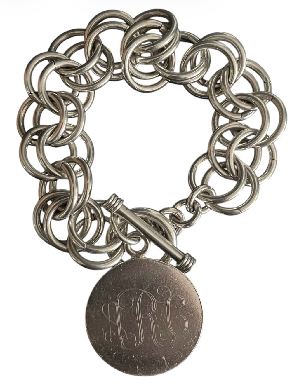 Heavy 925 Sterling Silver Double Circle Link Toggle Bracelet Monogrammed 73g